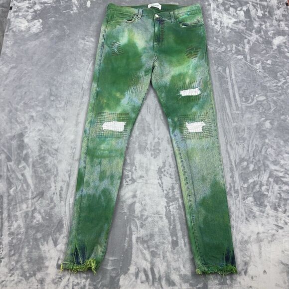 Sync Denim Jeans Mens Size 34 Green Tie Dye Distressed Skinny Jeans - Picture 1 of 16